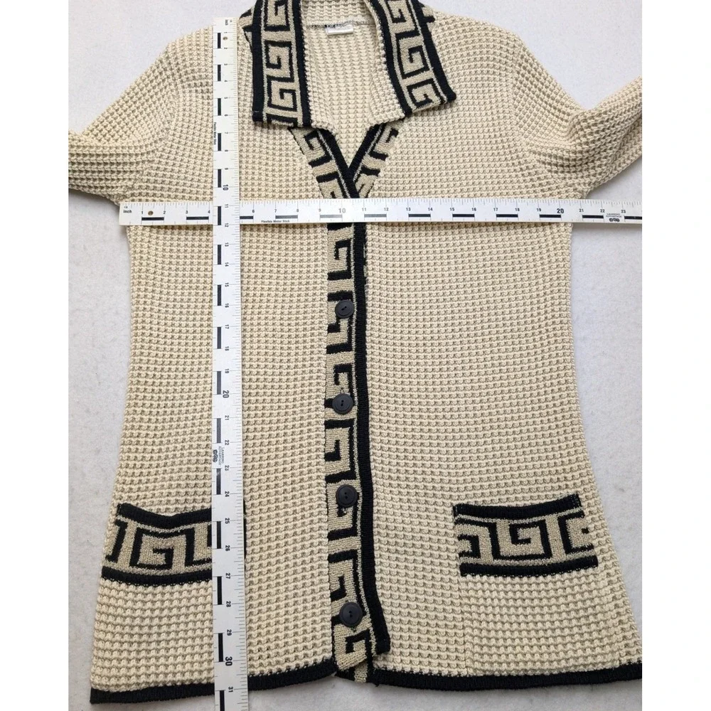 Arnon Collection Cardigan Women XXL Cream Black Greek Key Waffle Knit Button Up